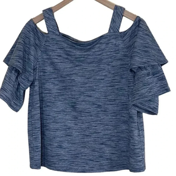 2/$30 Chicos Size 1 Off Shoulder Short Sleeve Top Blue Marled - Picture 1 of 7